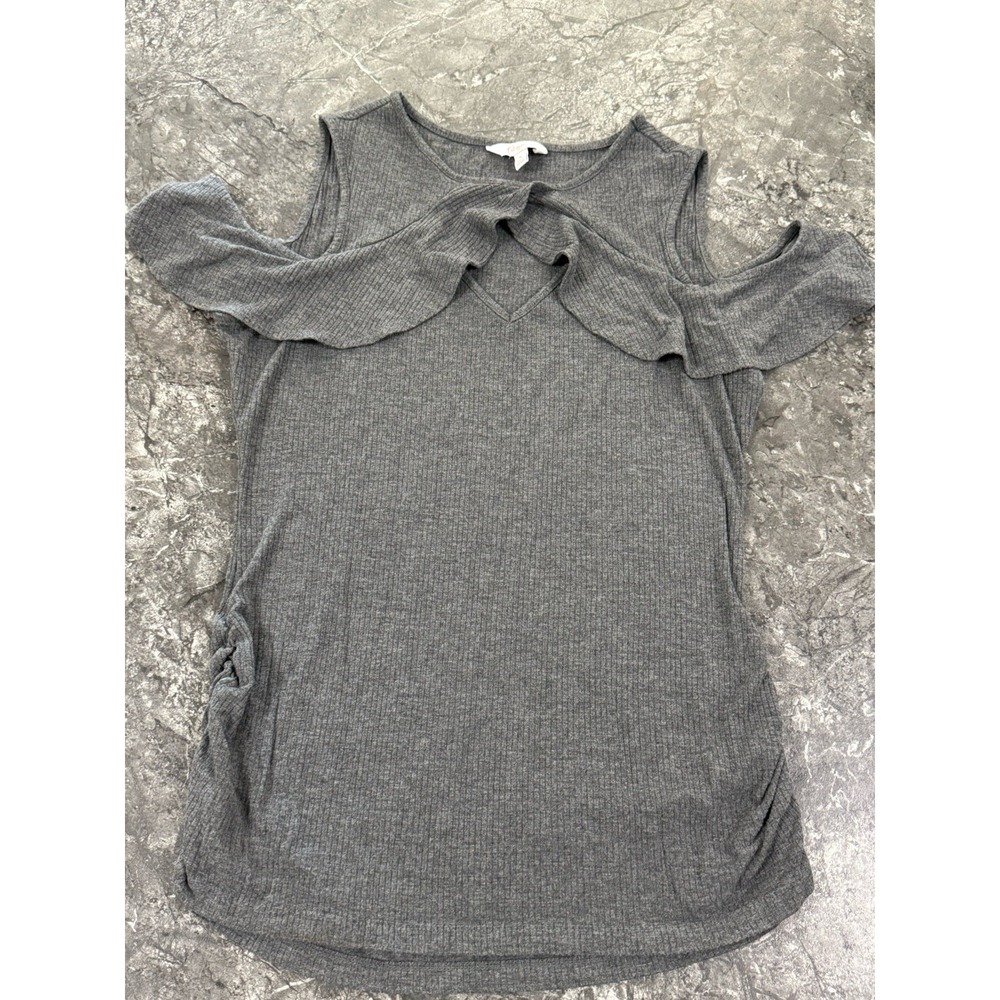 Candies Ruffle Front Stretchy Cold‎ Shoulder Ribbed Top Keyhole Ruched Gray M - Picture 2 of 10